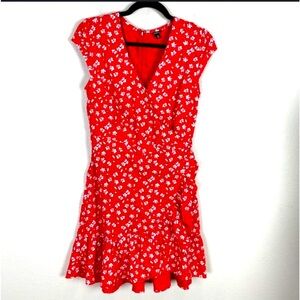 J Crew Red Floral Cap Sleeve Wrap Over V Neck Ruffle
Hem Summer Sun Dress